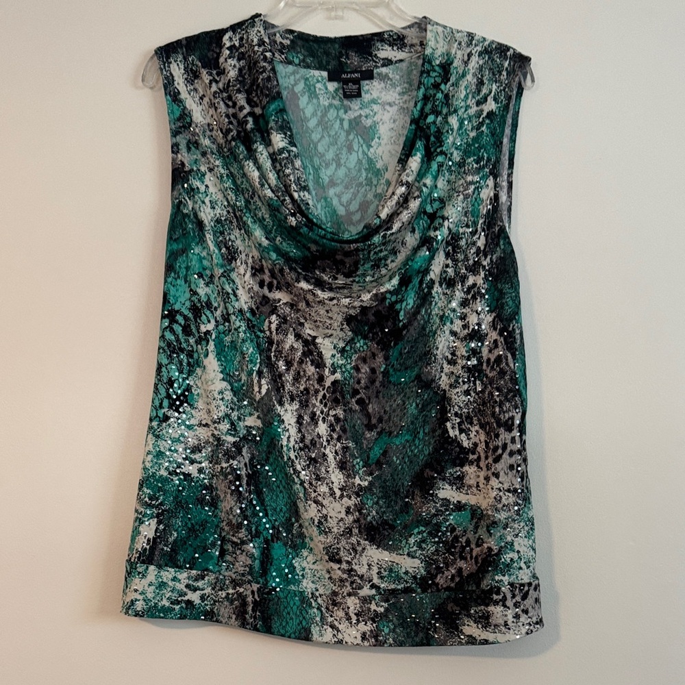 Teal and Black Abstract Cowl Neck Blouse size XL